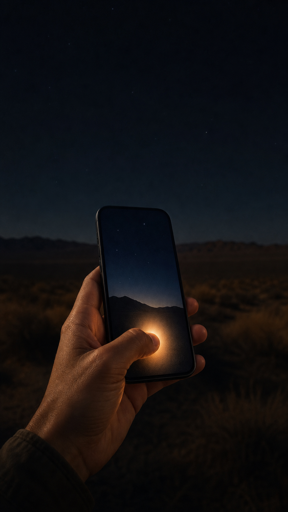 A hand holding an iPhone at night while a contained warm light gathers beneath a finger