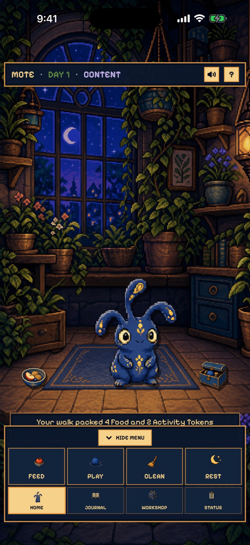 Mote standing inside Murmlet's moonlit conservatory