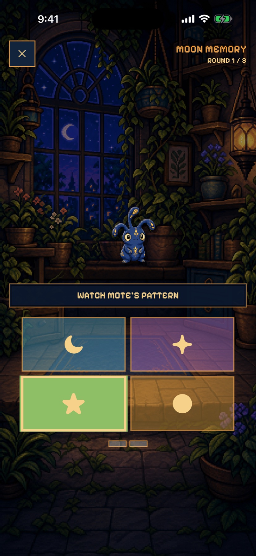 Mote playing the Moon Memory pattern game in the conservatory