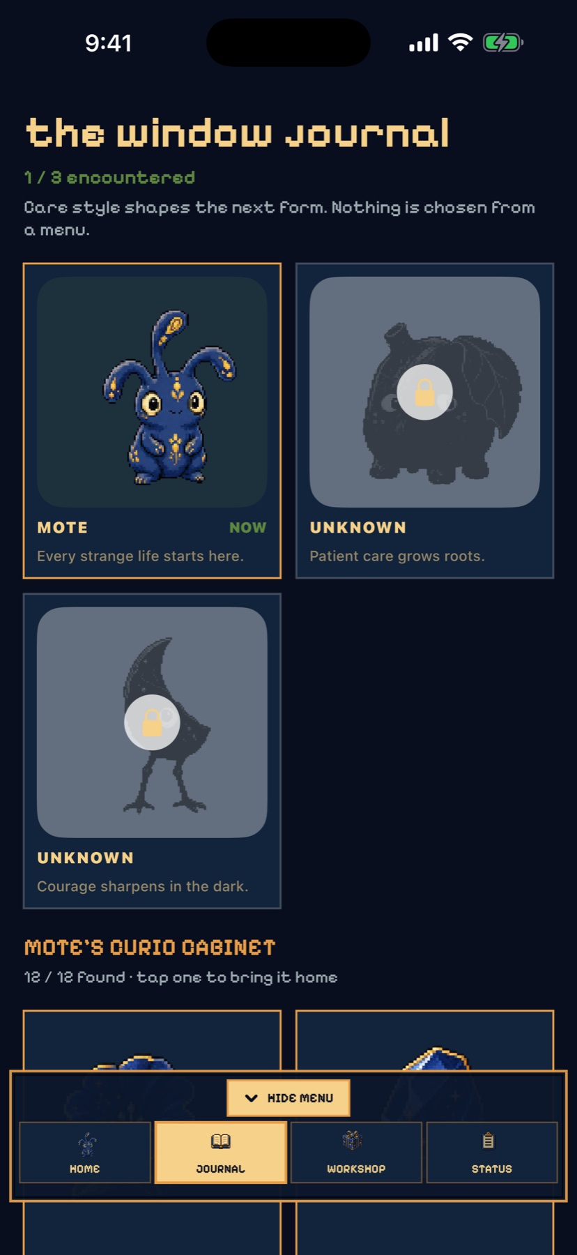 Murmlet's journal showing Mote and the forms that care can unlock