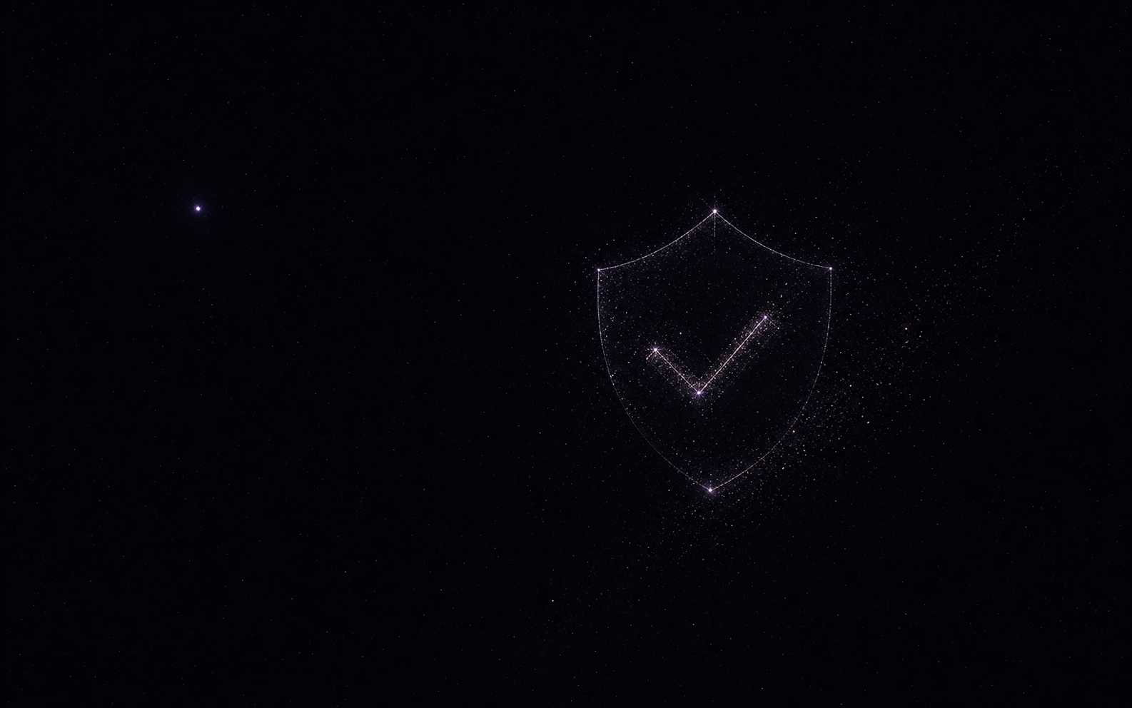 A sparse violet constellation converging into a shield and check against a near-black star field.