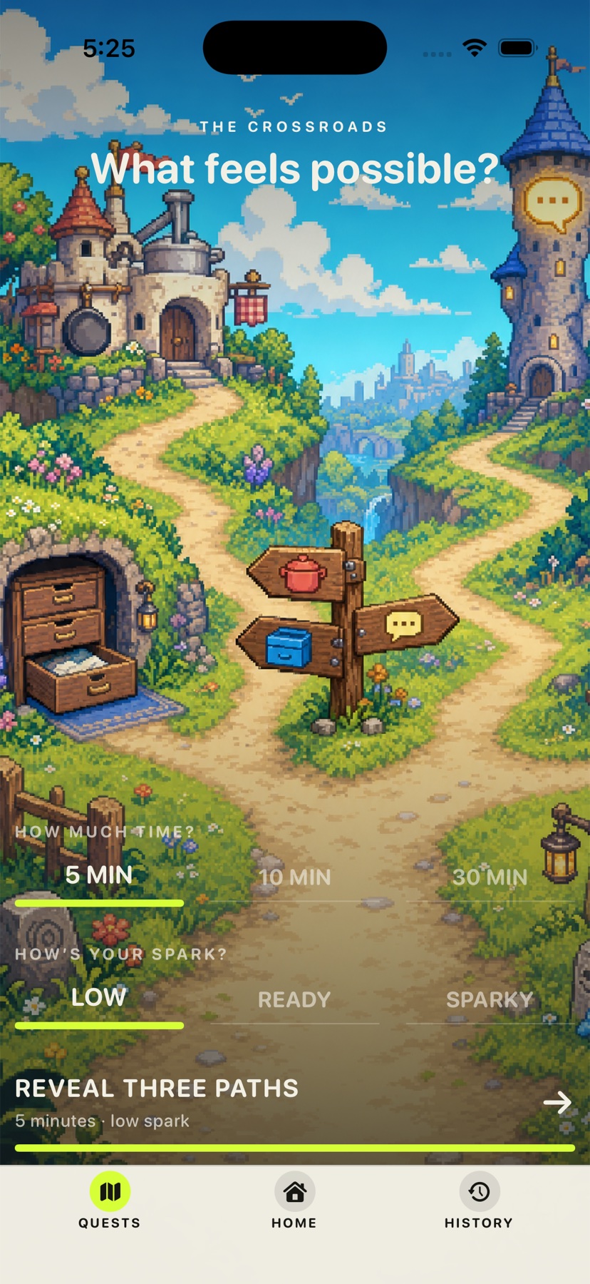 Sidequest Crossroads screen asking how much time and energy the player has