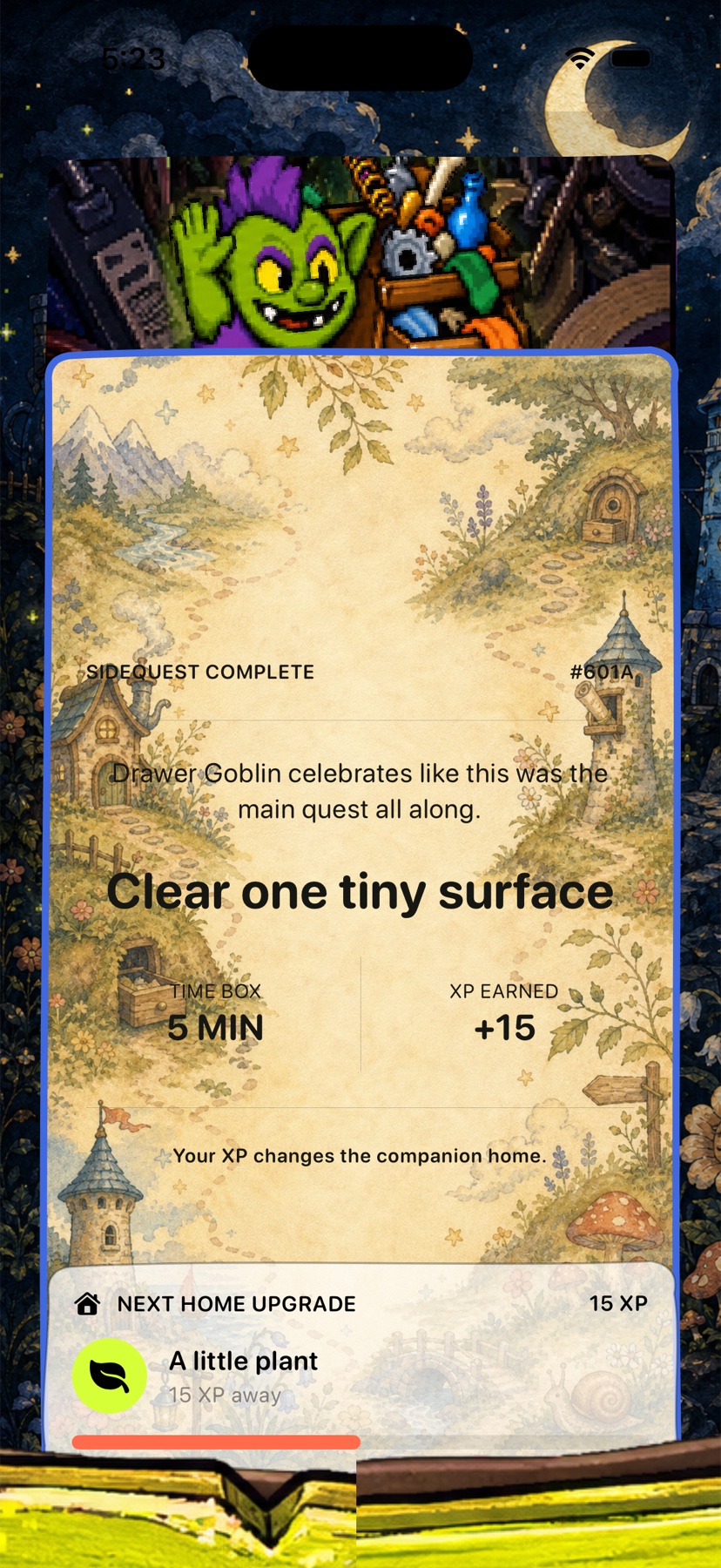 Sidequest completion screen awarding XP for clearing one tiny surface