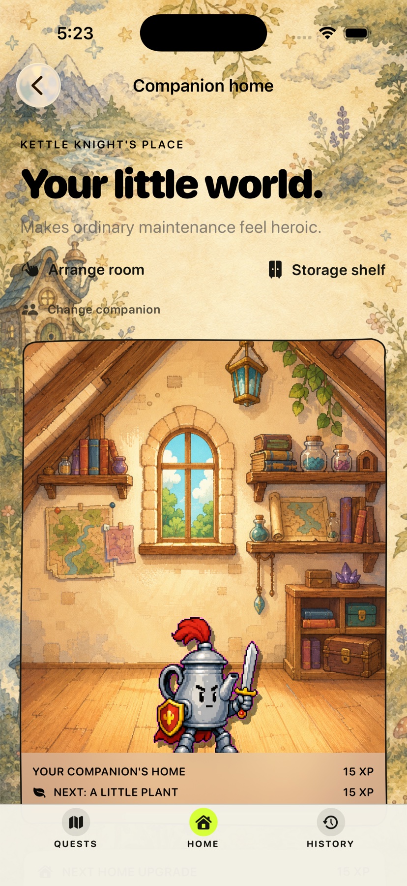 The Kettle Knight standing inside its evolving companion room