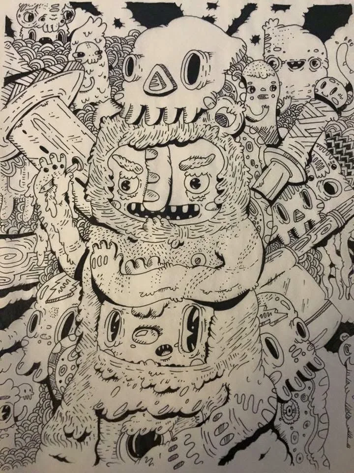 Dense original ink drawing filled with layered creatures and masked figures