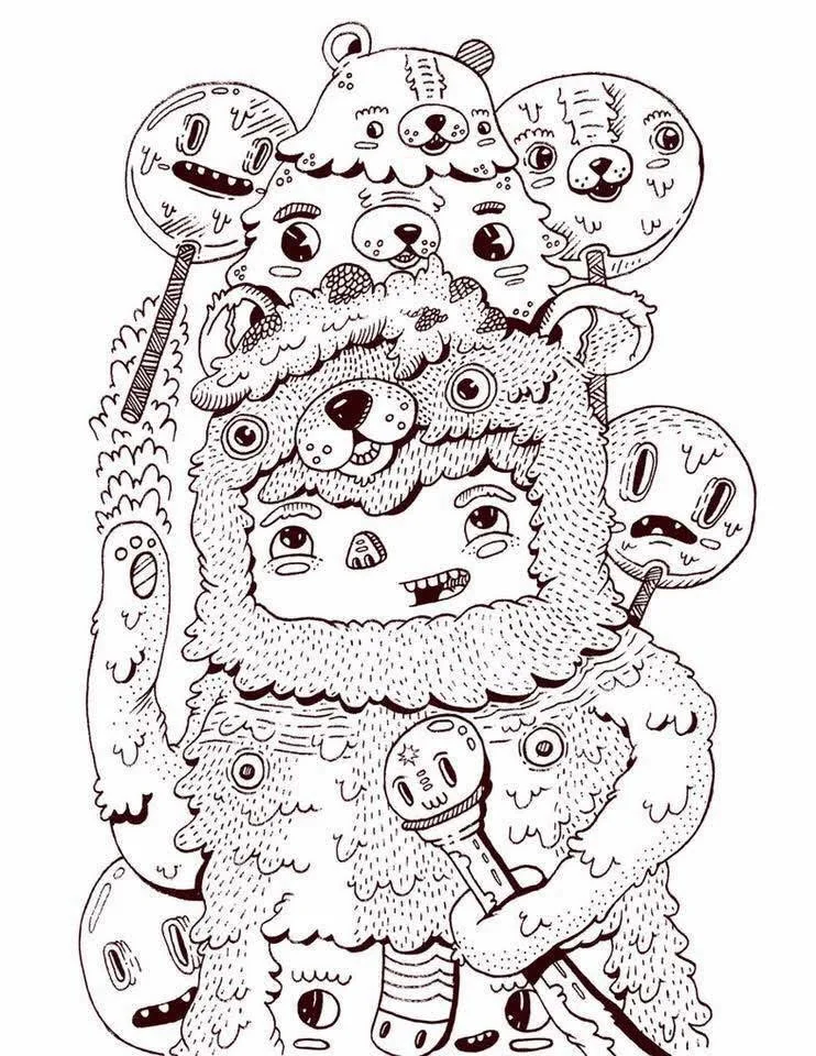 Original ink drawing of a performer in a creature suit holding a microphone