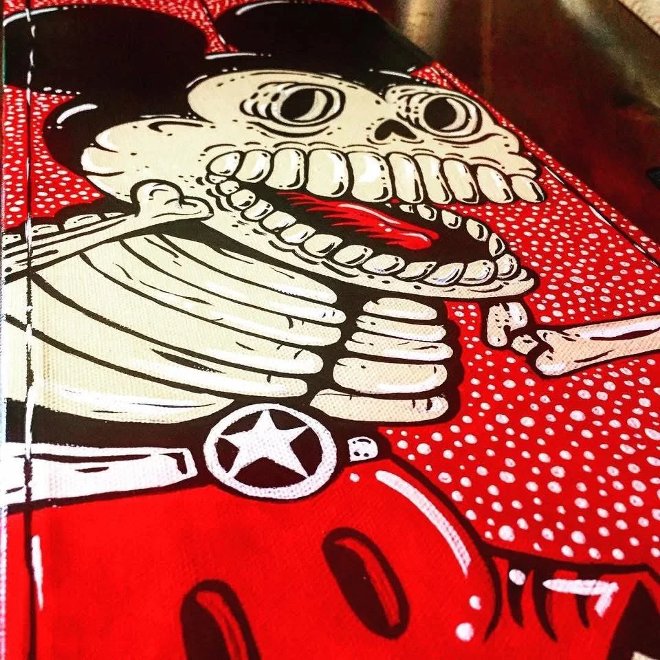 Original red, black, and ivory skeletal figure painting