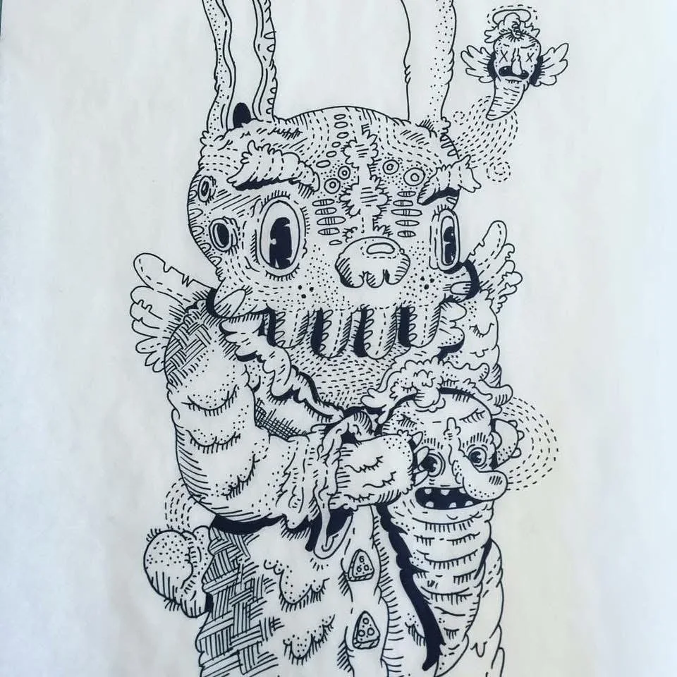 Original ink drawing of a large rabbit-like creature holding a smaller carrot figure