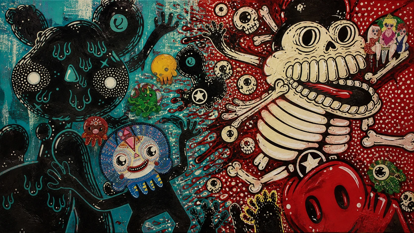Painted turquoise, black, ivory, and red creatures colliding across one field
