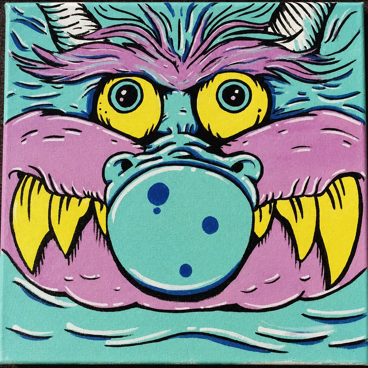 A turquoise and pink monster blowing a blue bubble