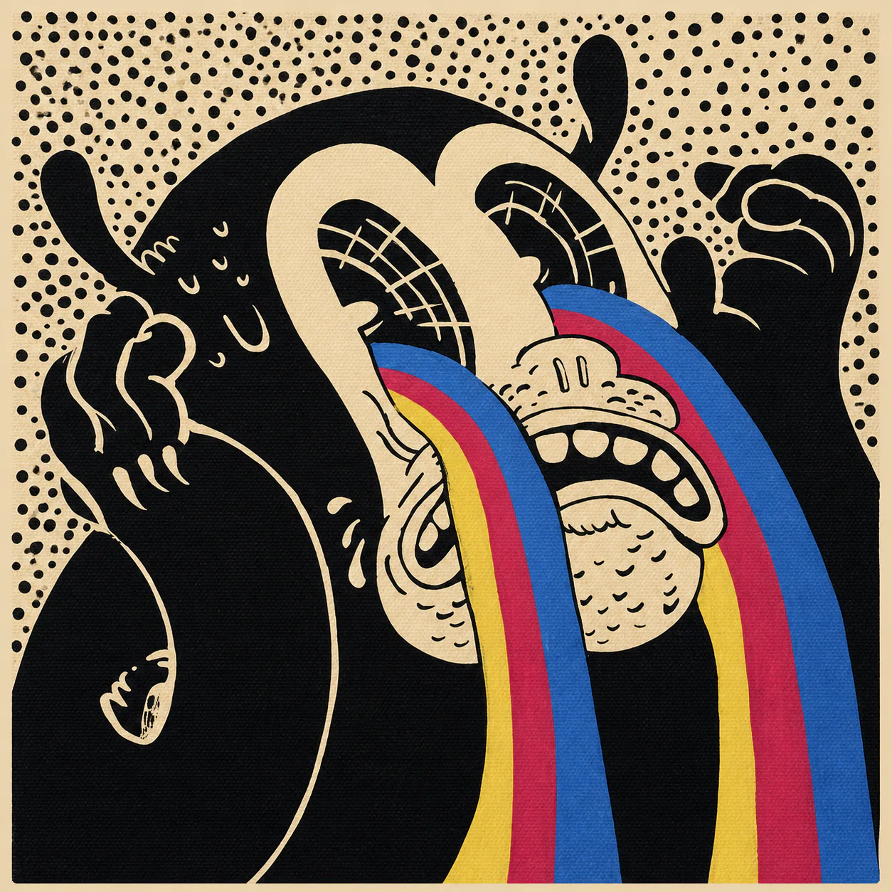 A black and ivory figure crying three bright ribbons
