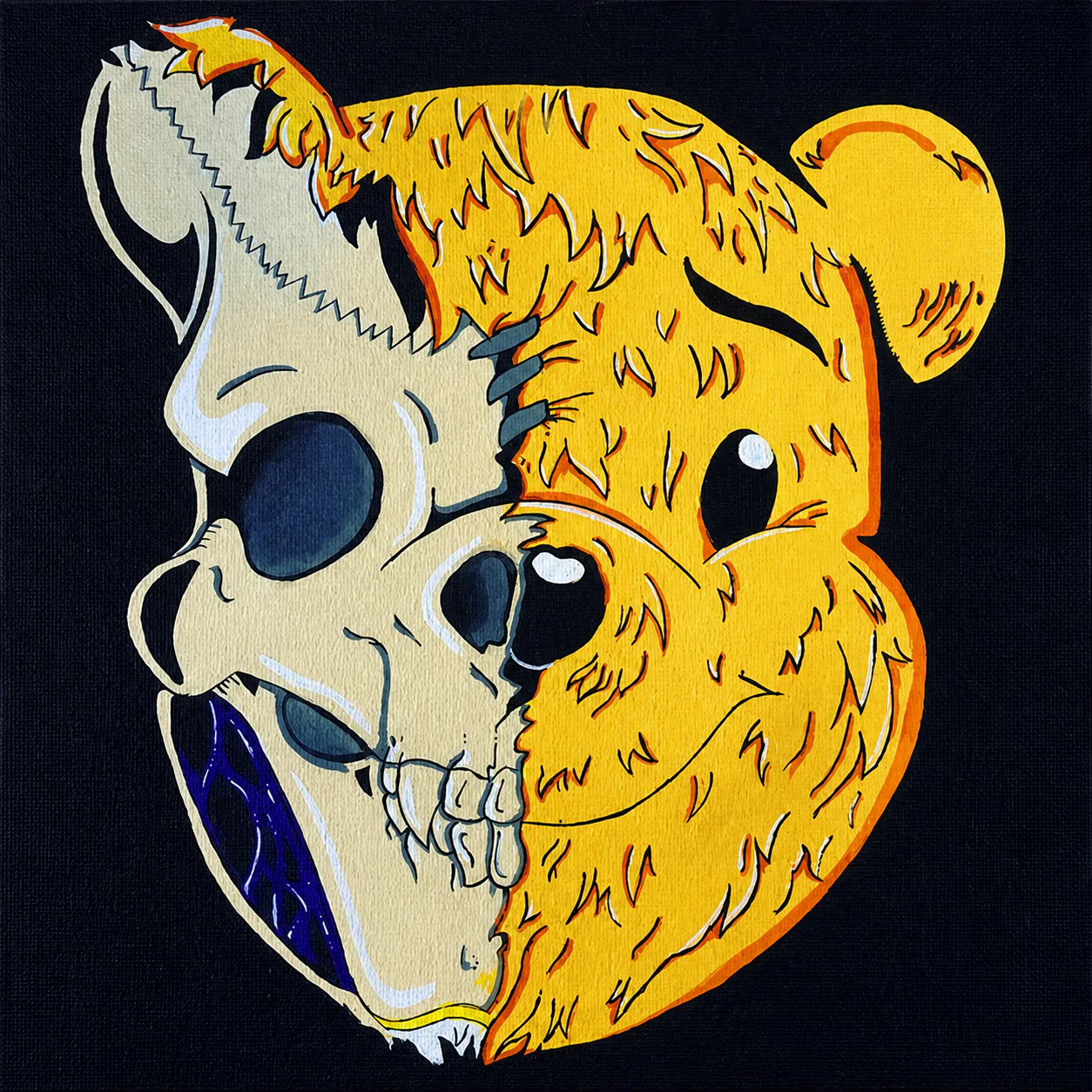 A split portrait combining a cartoon bear and a skull