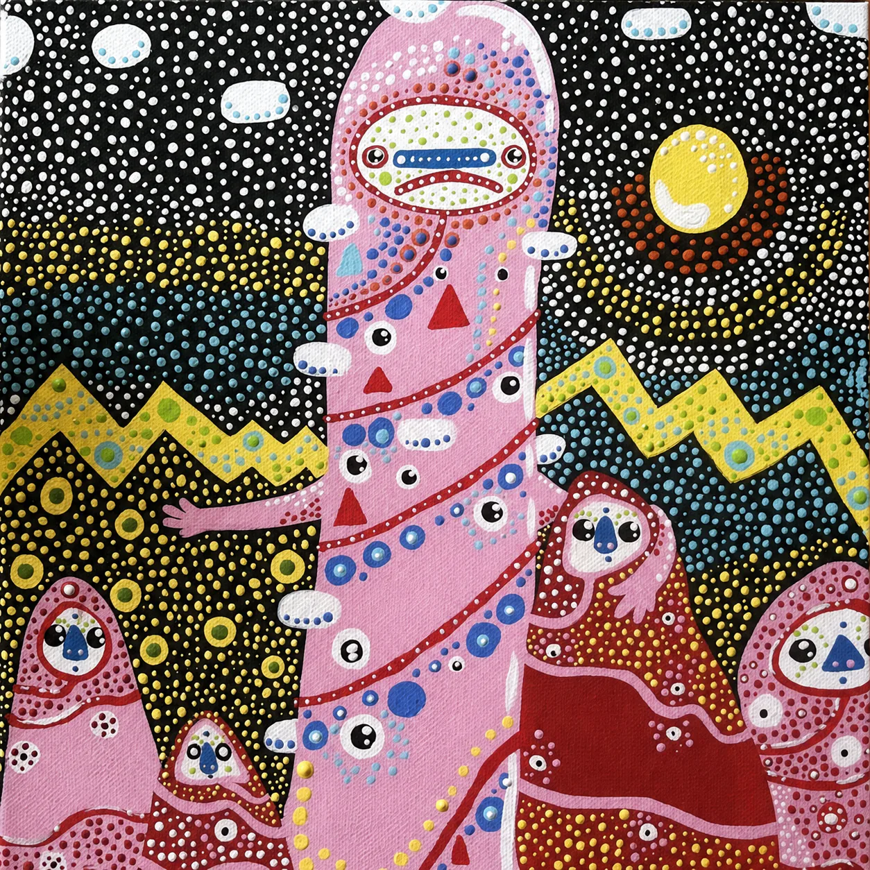 A tall pink creature and smaller figures in a dotted mountain landscape
