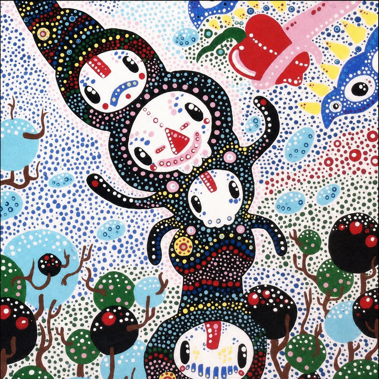 Stacked black creatures filled with colorful dots in a pale landscape