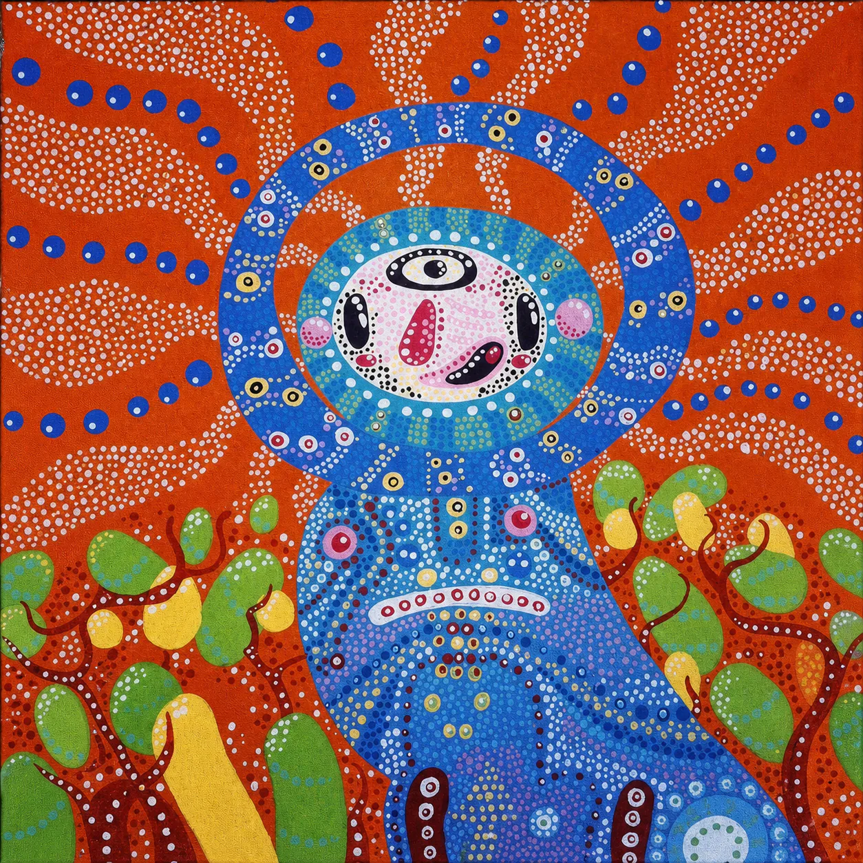 A blue figure surrounded by orange, lime, and hand-painted dots