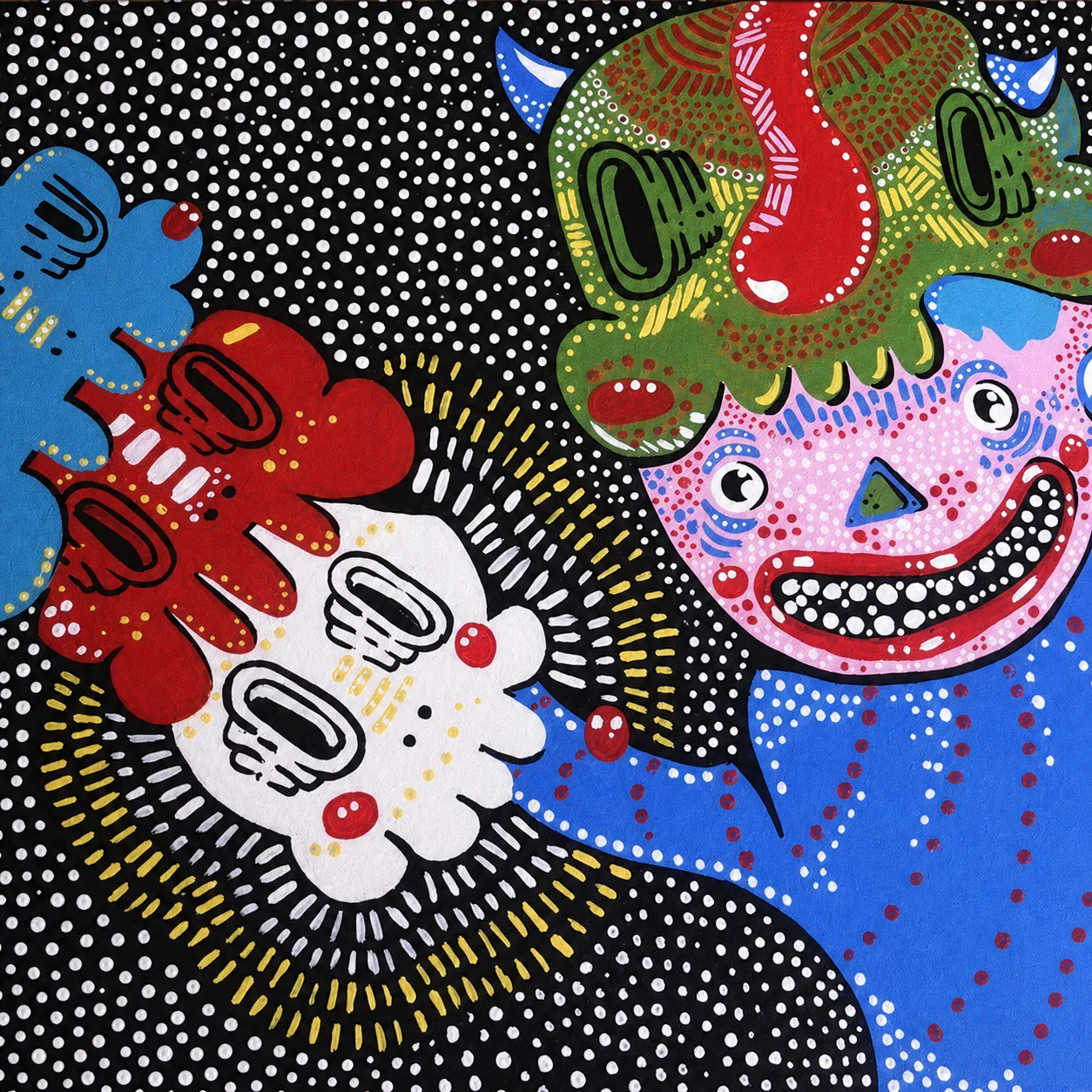 A blue figure holding cloud-like forms in a dotted black space