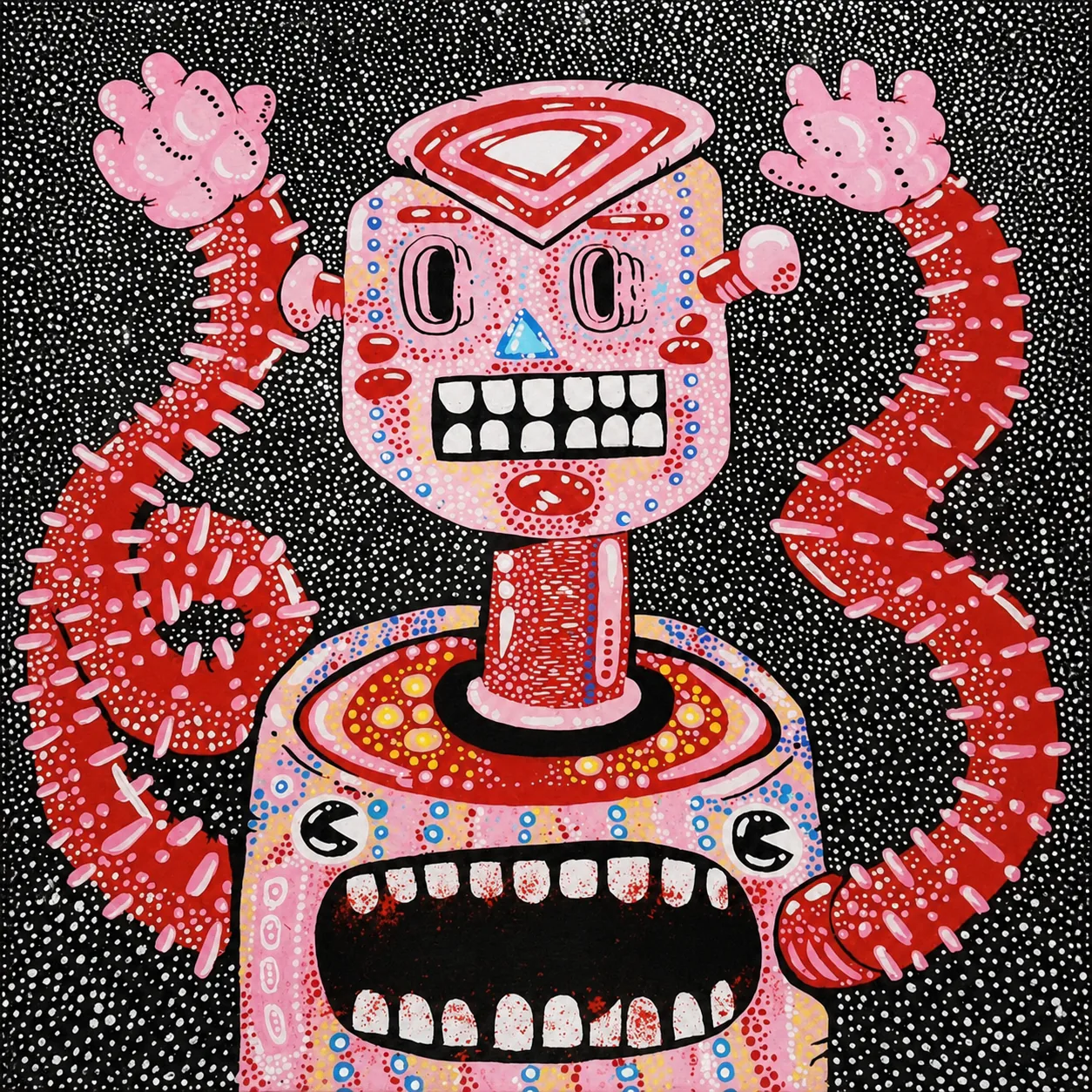 A pink mechanical pop-tart creature erupting from a mouth