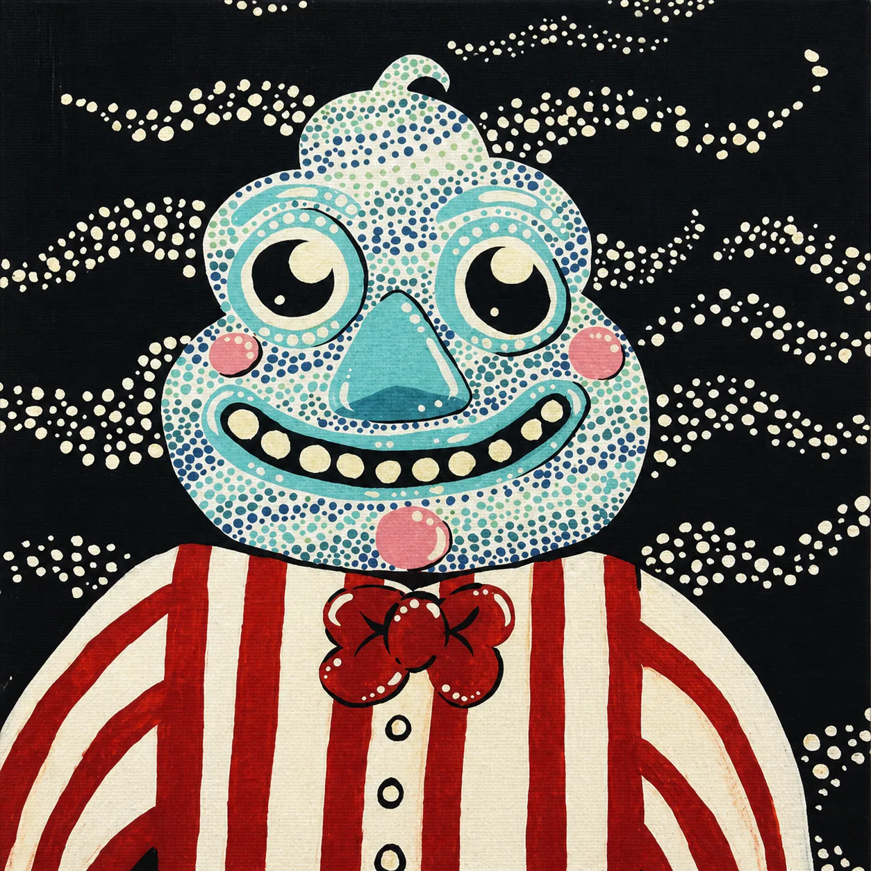 A smiling turquoise-headed figure in a red striped suit