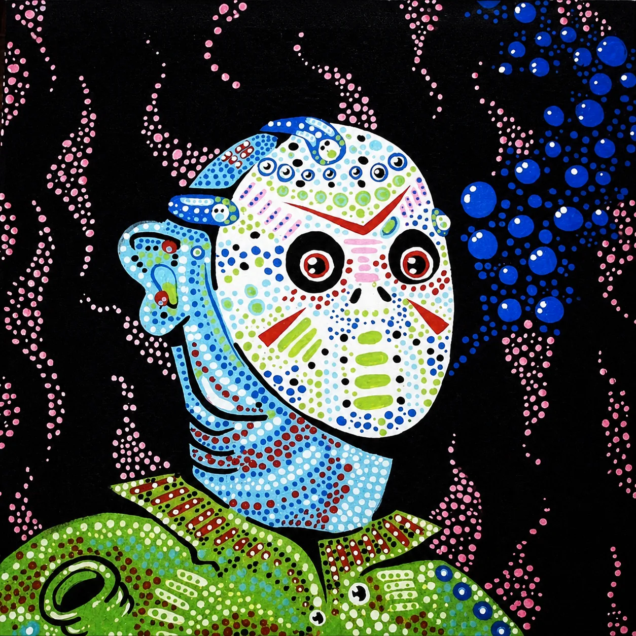 A dot-painted masked figure in blue and green against a black field