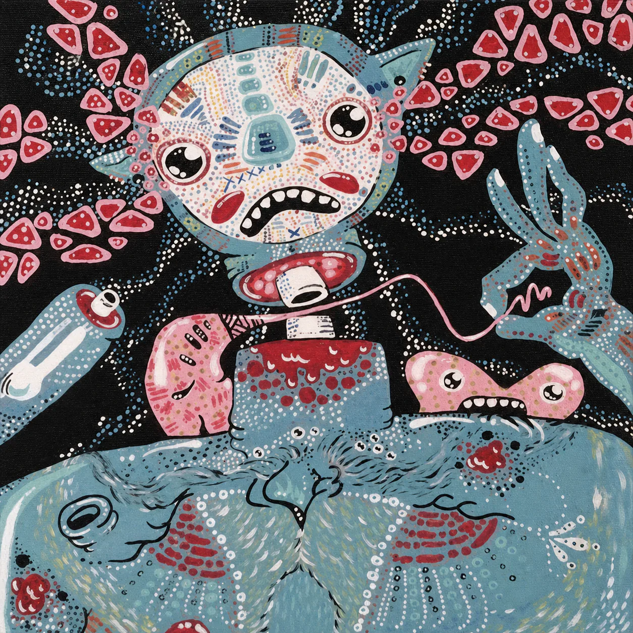 A pale robot-like figure suspended over two blue creatures
