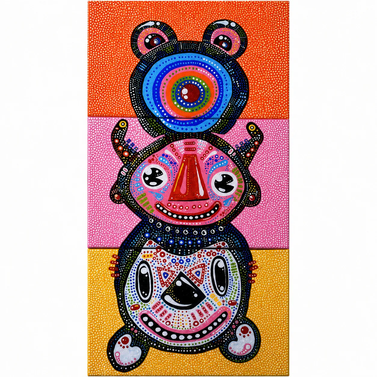 Three vertically stacked, brightly dotted creature paintings