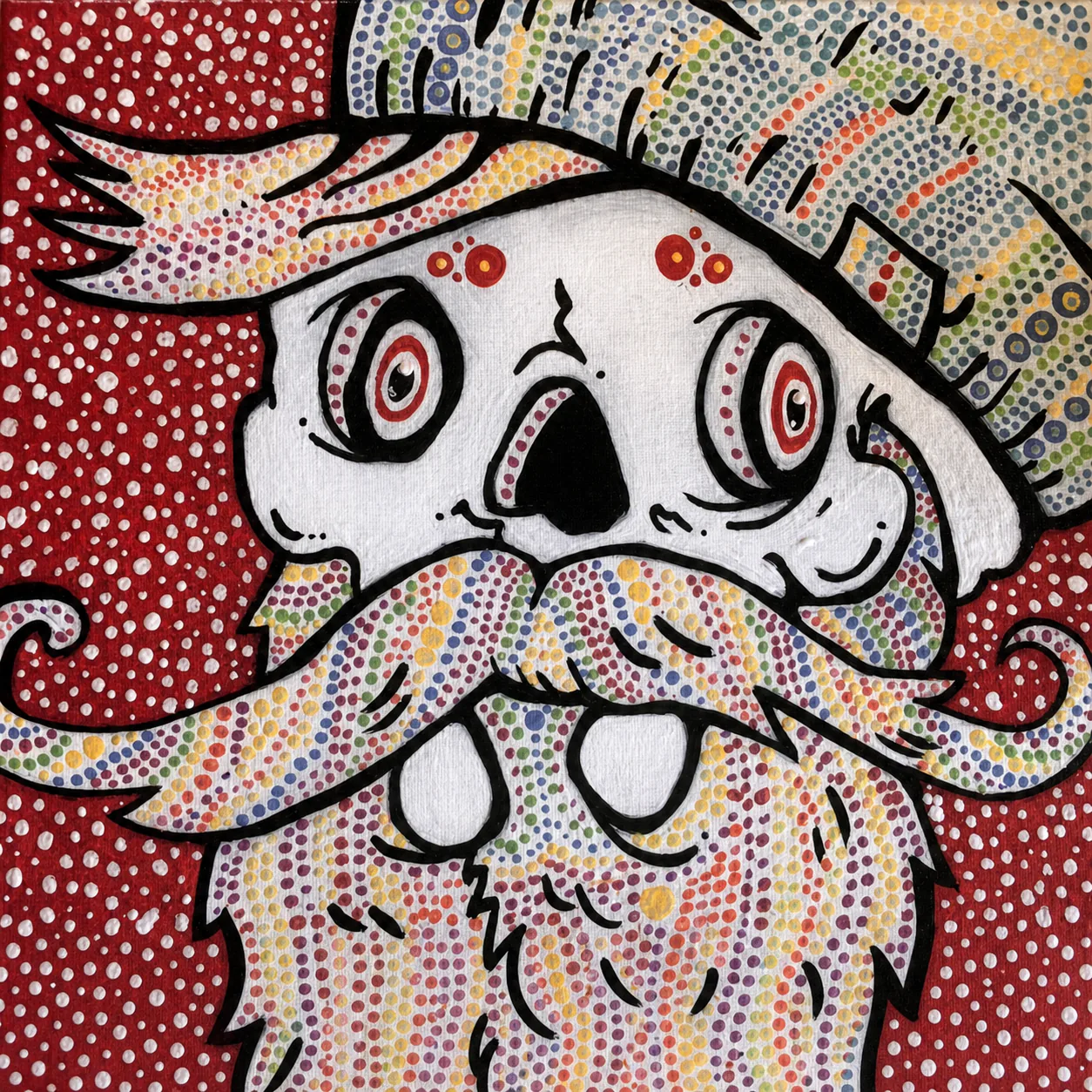 A mustached skull in a patterned hat against a red field