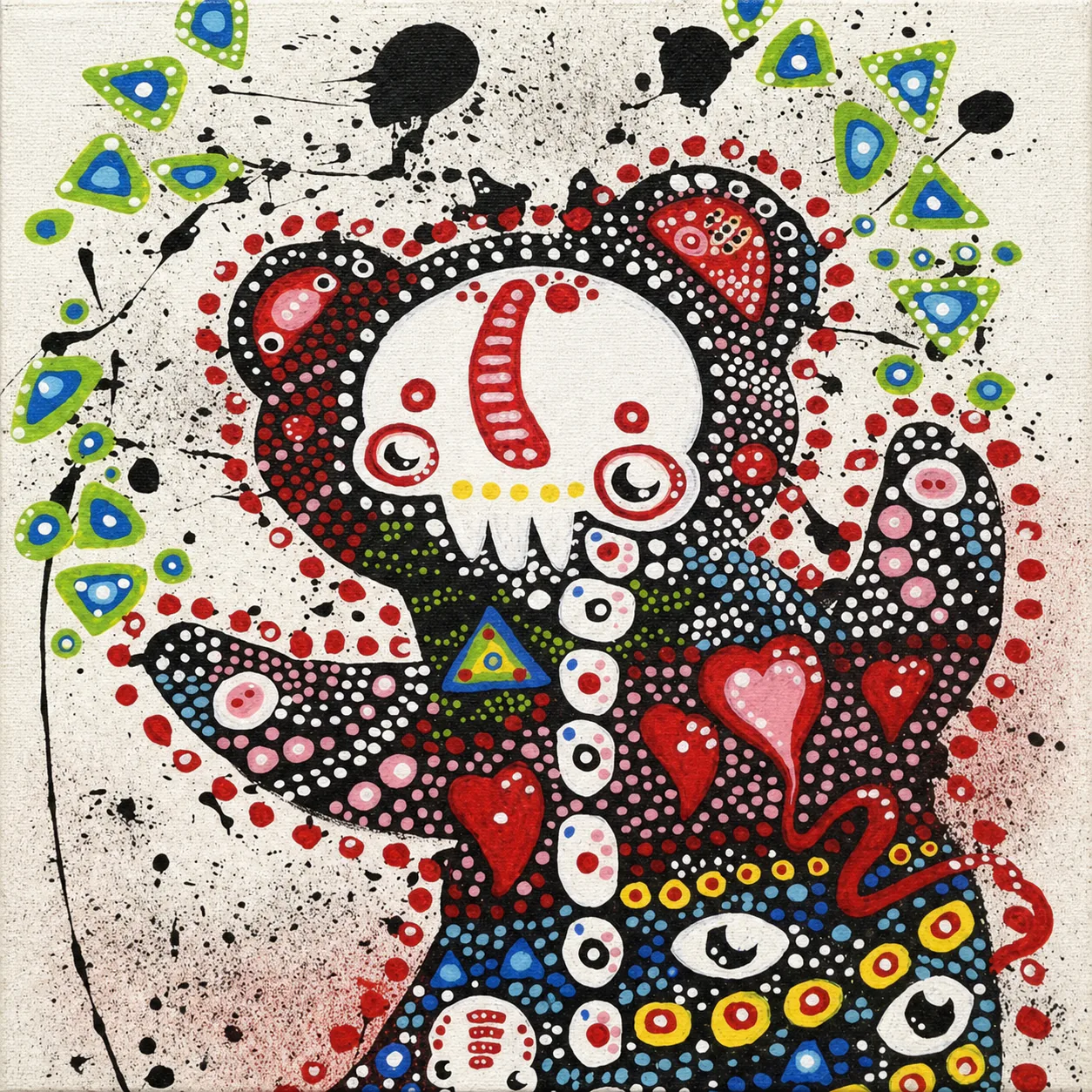 A skeletal bear-like figure filled with dense colored dots