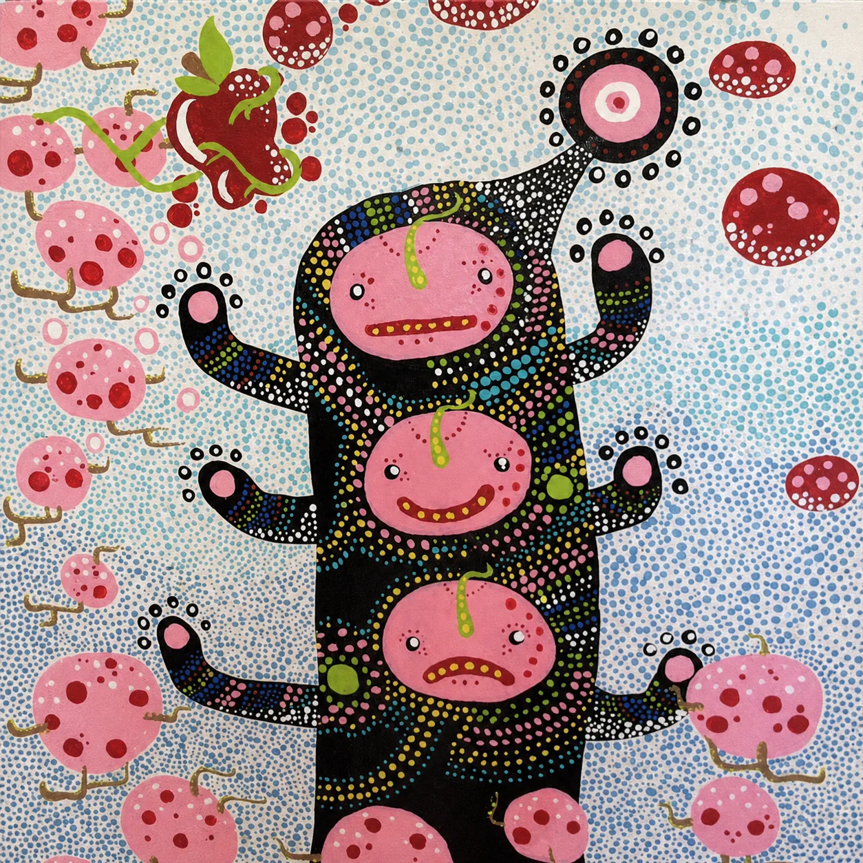 Three stacked pink faces surrounded by dotted plants