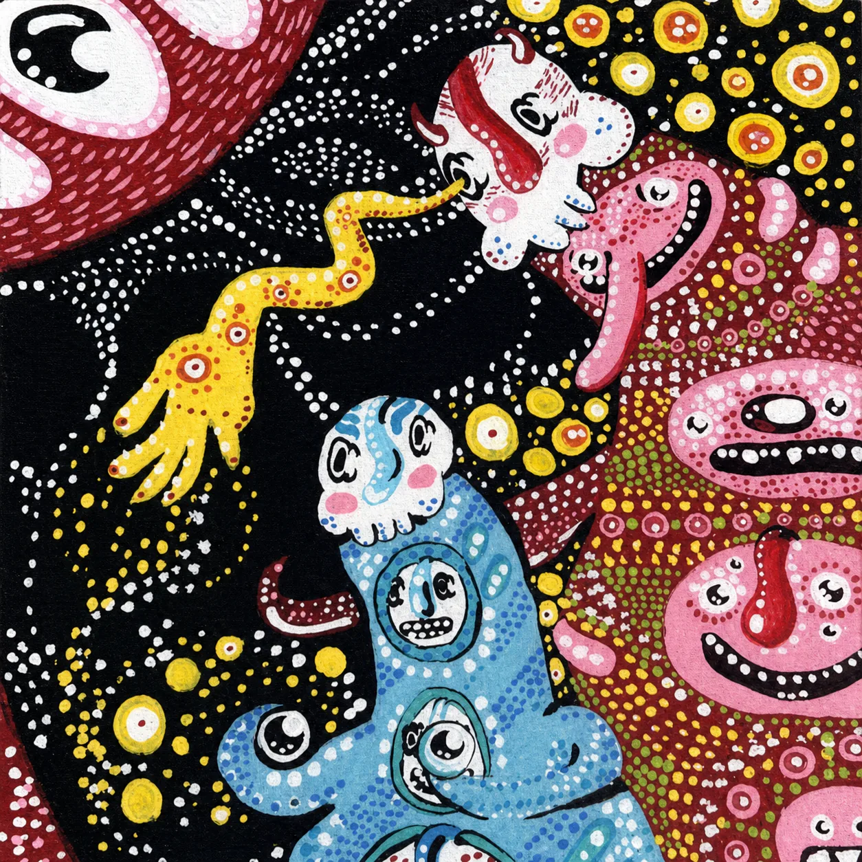 Blue, red, and yellow figures arranged in a dotted black cosmos