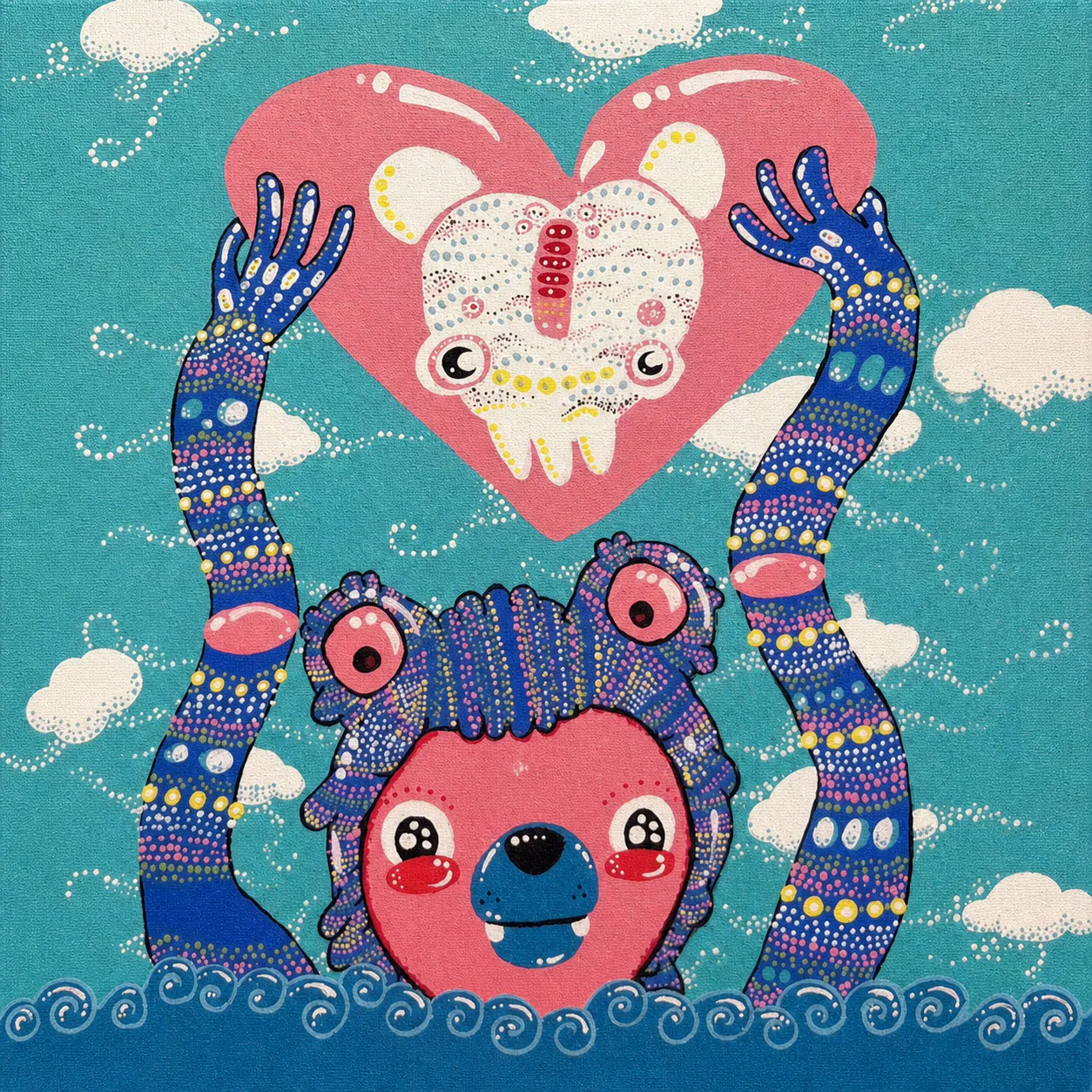 A pink creature raising a skull inside a heart against a blue sky