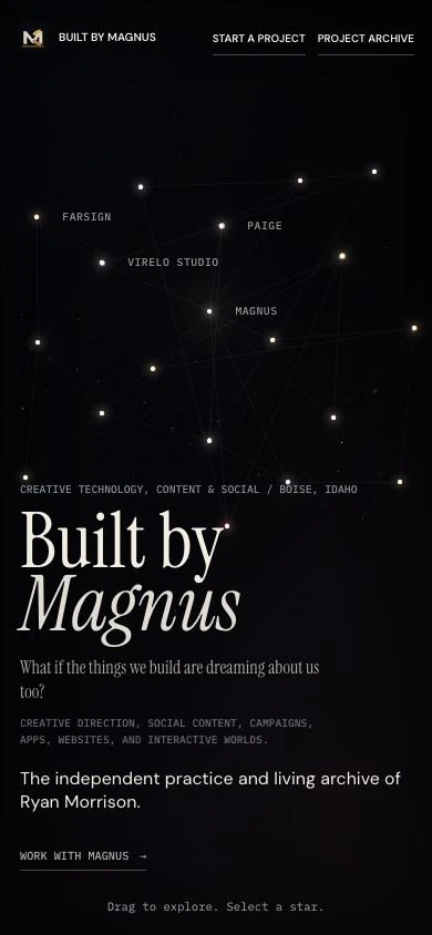 The Built by Magnus mobile constellation displayed in an iPhone mockup