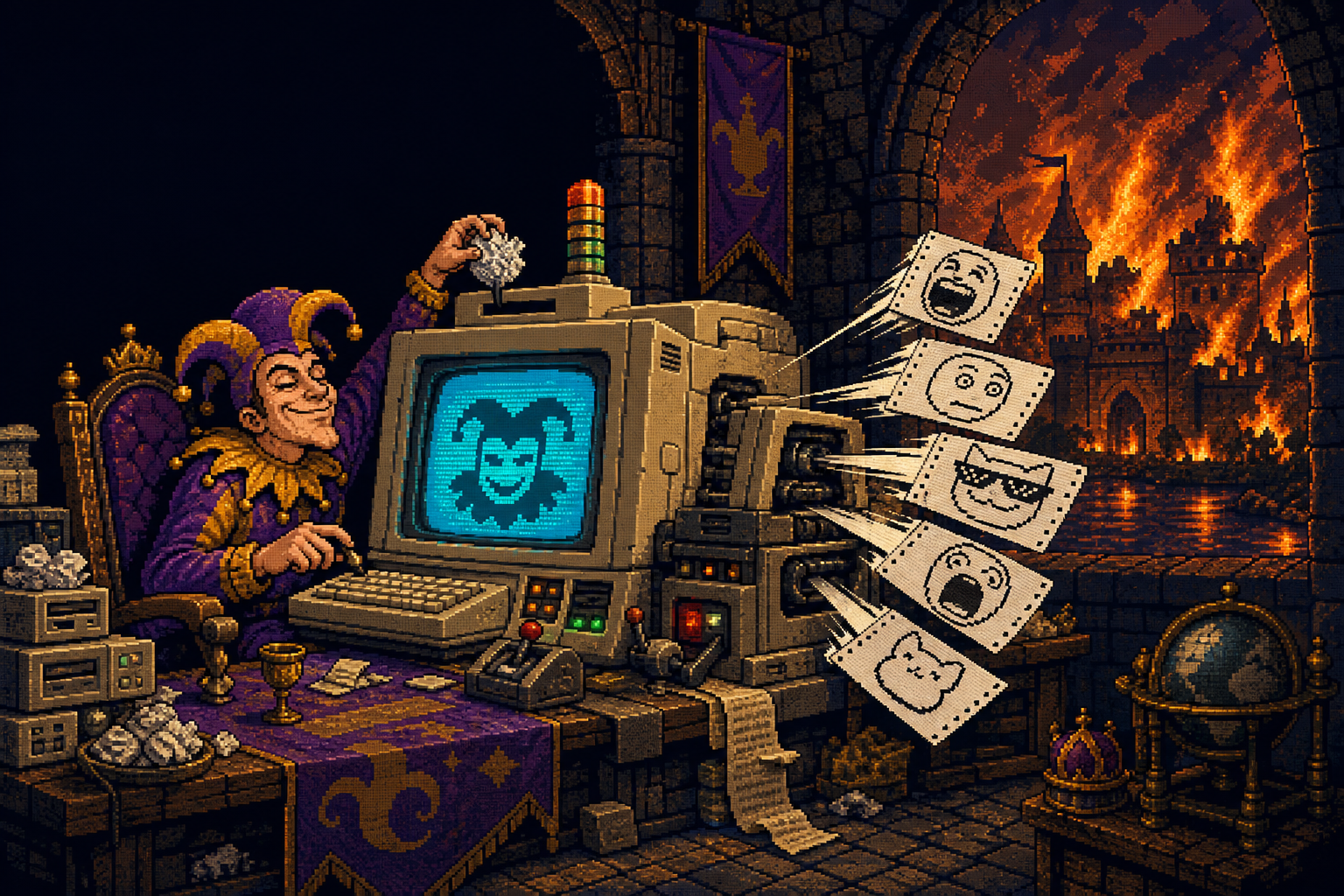 A smug 16-bit edgelord redditor in medieval cosplay operates an enormous meme computer while the kingdom burns, launching exactly five meme printouts into the war room.