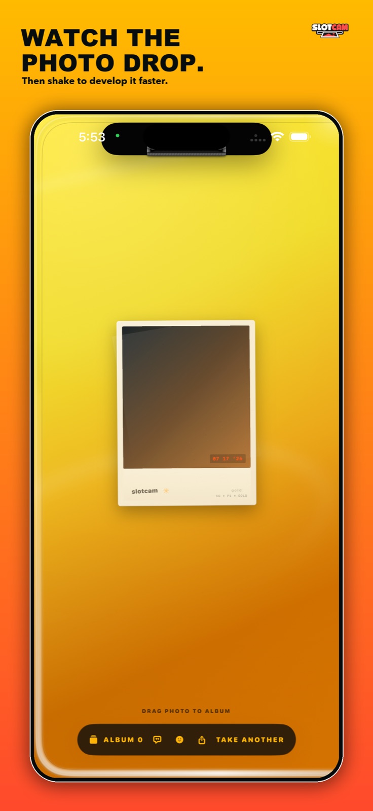 A Slotcam instant print dropping from the camera