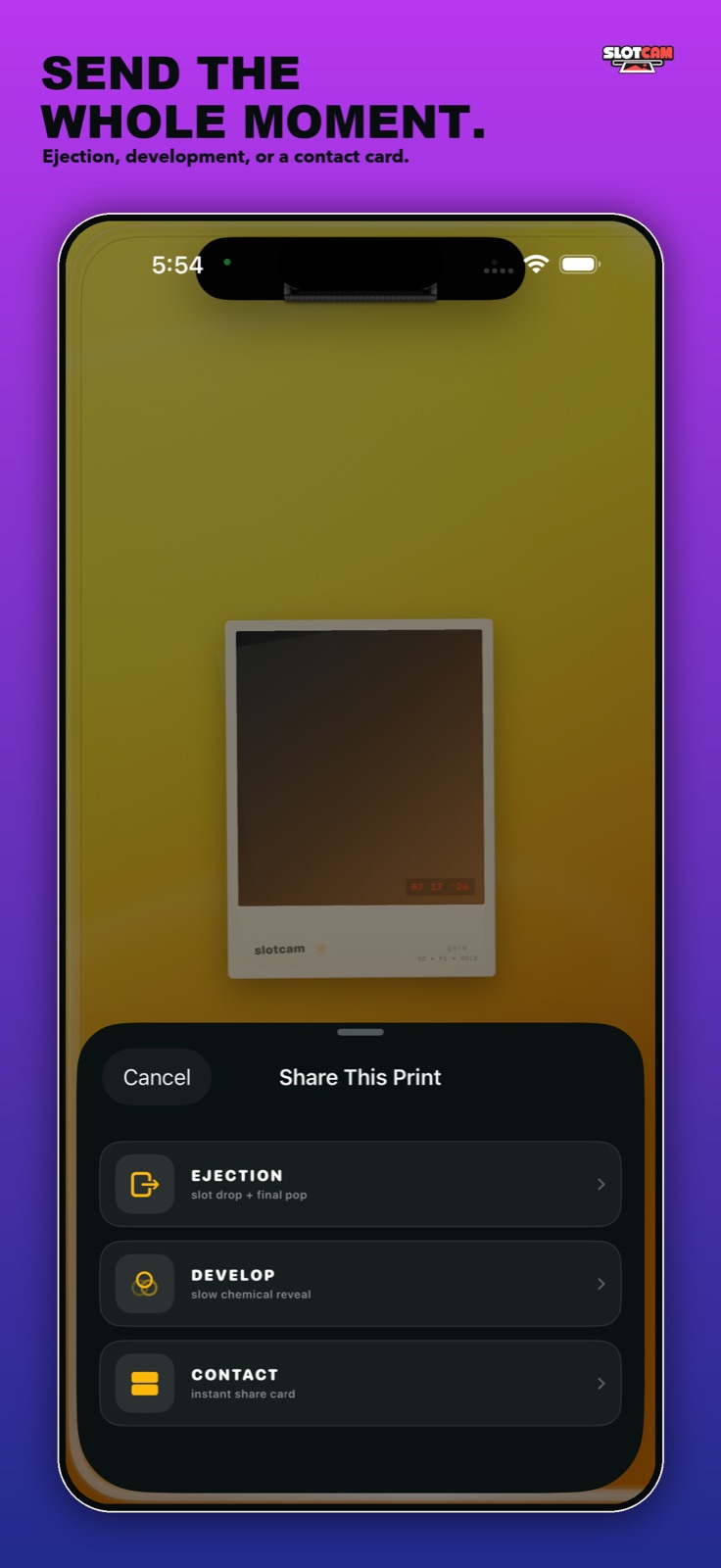 Slotcam sharing options for an instant print