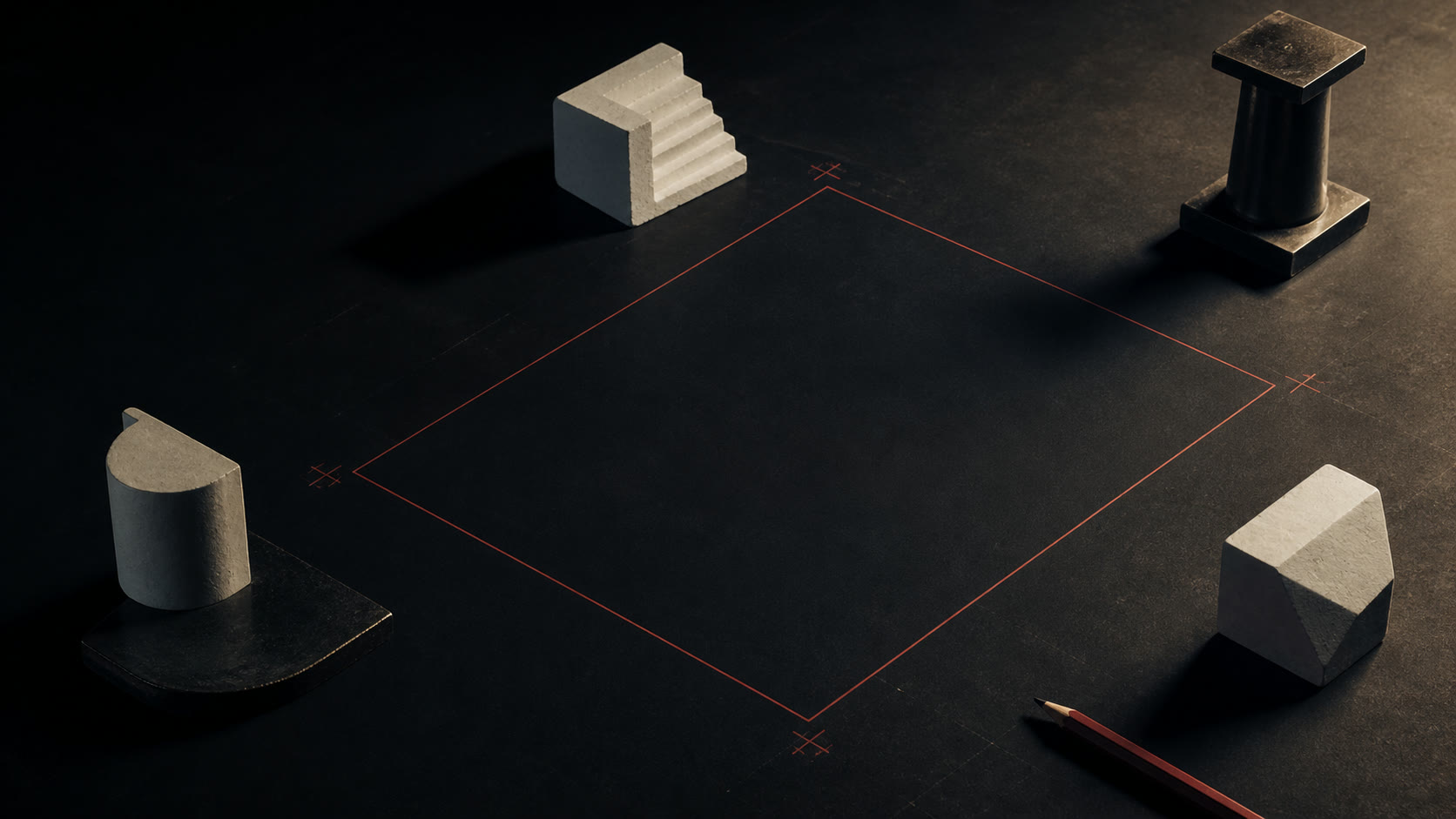 Four small architectural forms remain outside a precise red boundary around an intentionally empty drafting area.