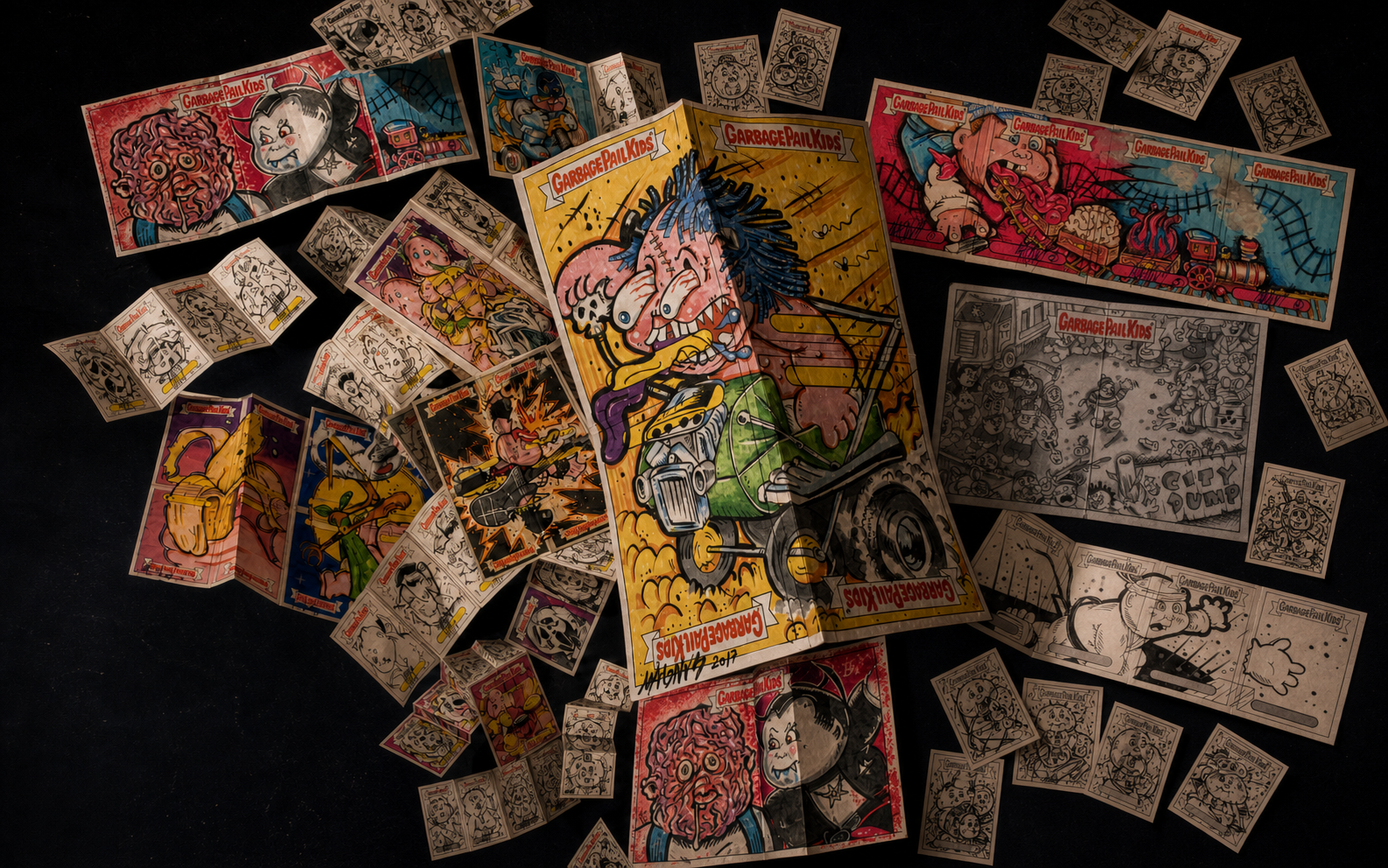 A monumental physical collage of Ryan Morrison's hand-drawn trading-card illustrations, folded panoramas, ink studies, and painted cards
