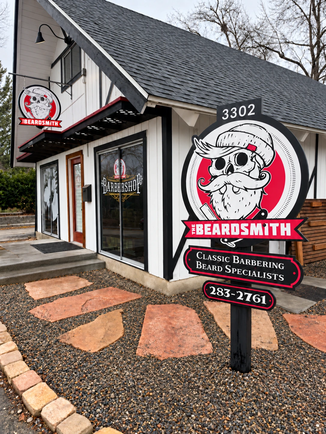 The Beardsmith storefront and skull sign, enhanced from the original photograph.