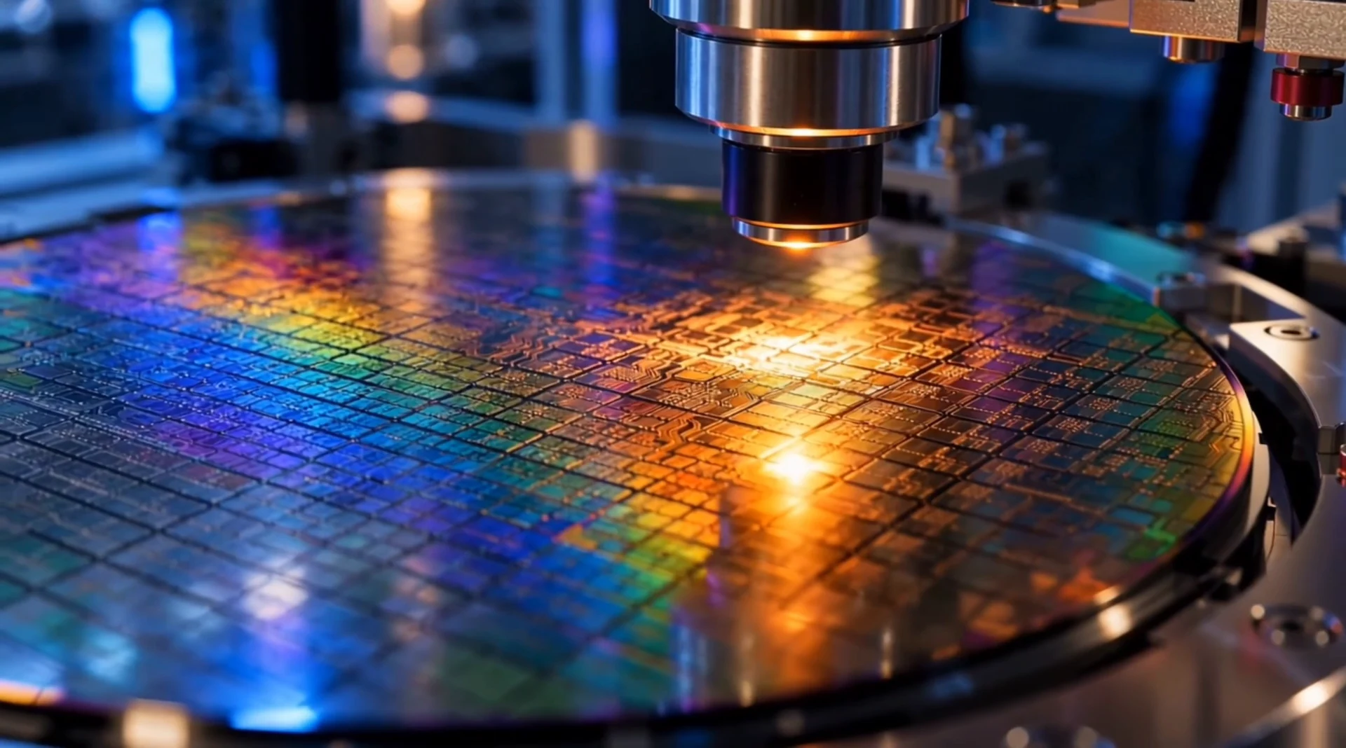 A luminous silicon wafer reflecting blue and amber light in the Micron spec film.