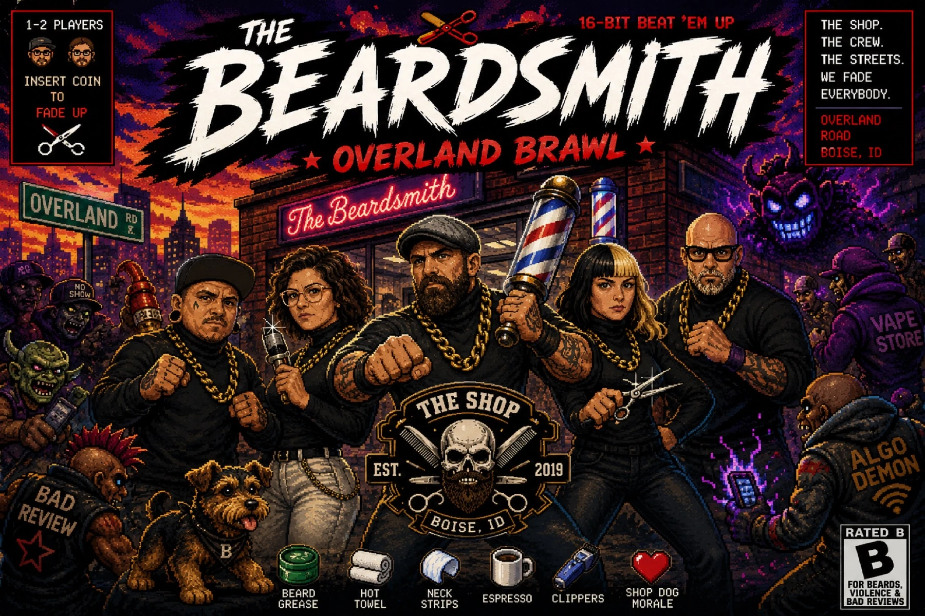 The Beardsmith crew on the illustrated Overland Brawl cover.