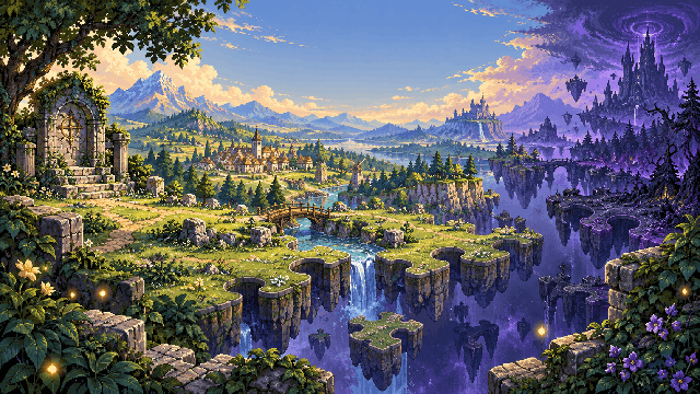 A pixel-art fantasy world of floating fragments, waterfalls and a distant purple castle.