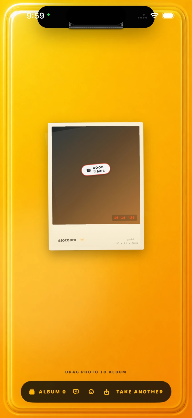 A developed print with a Good Times sticker in Slotcam’s yellow instant-camera interface on iPhone.